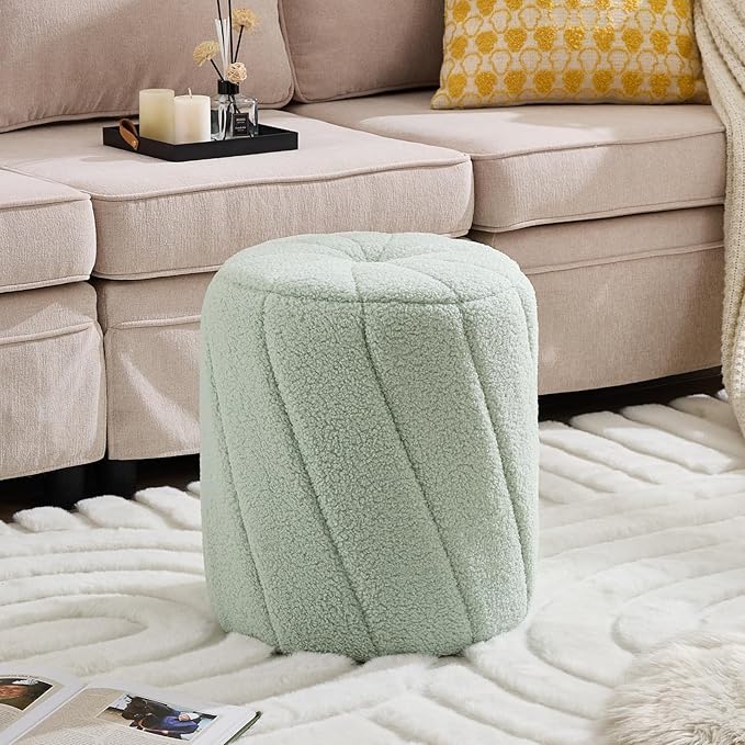 Modern Round Ottoman, Spiral-Tufted Foot Stool Ottoman, Teddy Fleece Upholstered Vanity Stool for Makeup, Bedroom, Living Room, Light Green