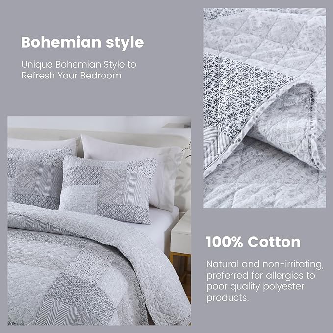 Secgo Queen Comforter Set for Bed - 100% Cotton Quilts Queen Size, Black Bedspreads (90 * 98 Inch) with 2 Pillow Shams, Patchwork Reversible Lightweight Bedding