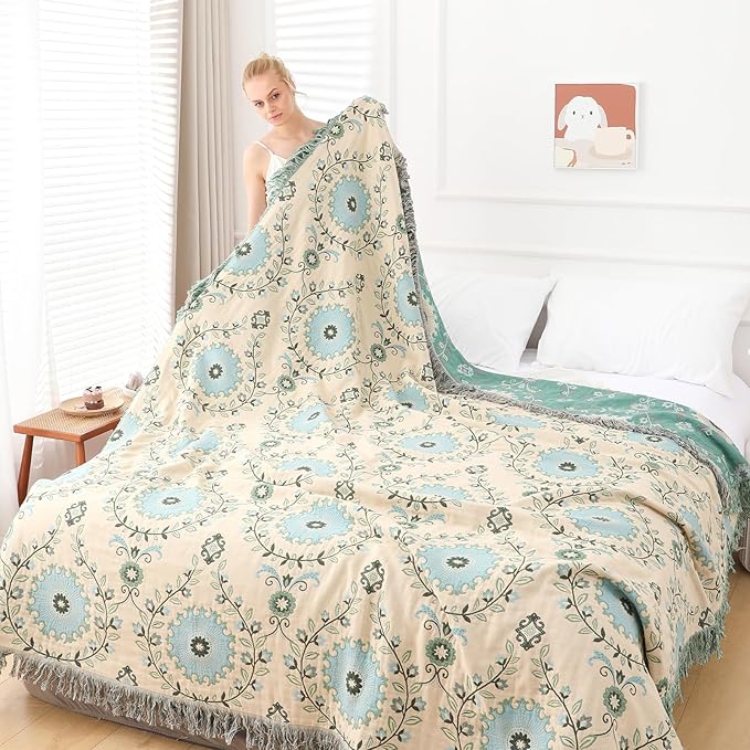 Snycler Boho Throw Blanket for Bed - 100% Cotton Ultra Soft Rustic Quilt - Blue Boho Floral Printed Farmhouse Decor Bed Blankets, 60"×80" All Season Rustic Throw for Sofa Couch Chair