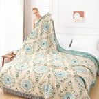 Snycler Boho Throw Blanket for Bed - 100% Cotton Ultra Soft Rustic Quilt - Blue Boho Floral Printed Farmhouse Decor Bed Blankets, 80"×90" All Season Rustic Throw for Sofa Couch Chair