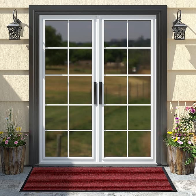Yimobra Front Door Mat Outdoor Indoor Entrance, 100% Waterproof All-Season All Weather Doormat, Welcome Matt Outside Entry, Non Slip, Low Profile, Heavy Duty Patio Porch Floor Mats,47 x 24,Black Red