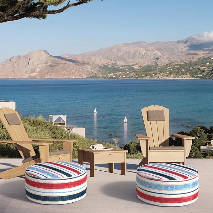 Inflatable Ottoman Stool D21 xH9 for Outdoor/Indoor Use, Water Repellent Patio Foot Rest Stool with Portable Handle,Round Pouf Ottoman Suitable for Garden,Deck and Camping - Stripe Red Blue