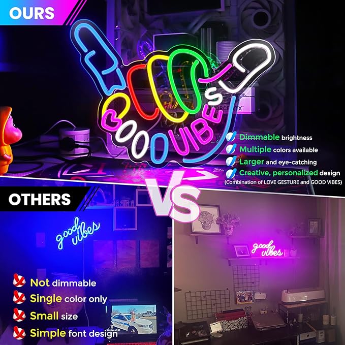 Good Vibes Neon Sign, Niubility Dimmable Good Vibes Only Neon Signs Light with ON/OFF Switch, USB Powered Neon Signs for Wall Decor, Colorful Light Up LED signs for Bedroom Game Room Party Club Decor