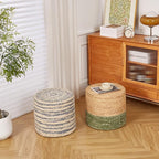 Wimarsbon 18'' Ottoman Pouf, Natural Braided Poof, Rustic Handweave Lounge Pouffe, Boho Footrest Stool for Bedroom, Accent Table for Living Room (Natural Water Hyacinth + Green Corn Husk)
