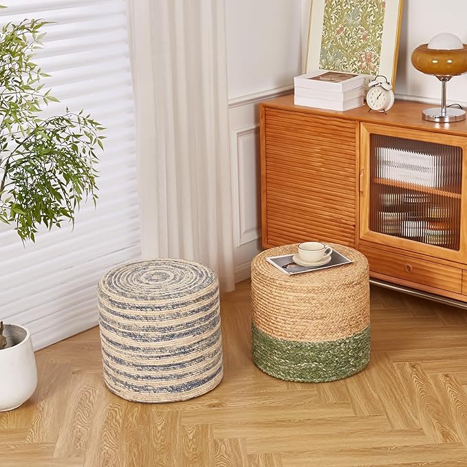 Wimarsbon 18'' Ottoman Pouf, Natural Braided Poof, Rustic Handweave Lounge Pouffe, Boho Footrest Stool for Bedroom, Accent Table for Living Room (Natural Water Hyacinth + Green Corn Husk)