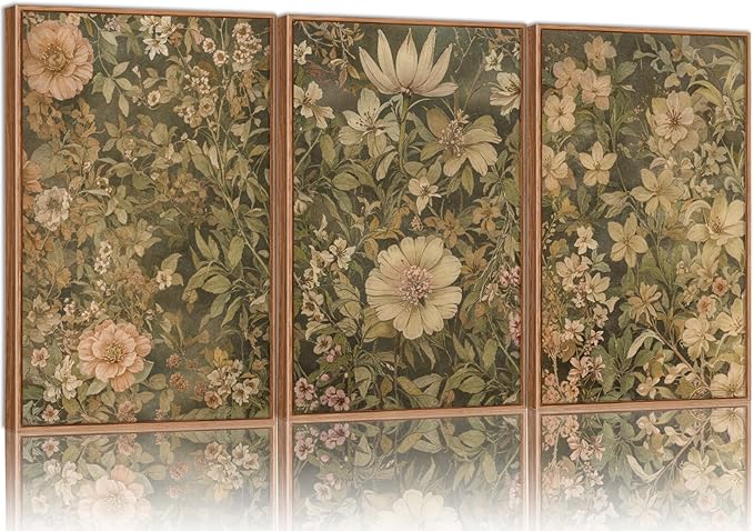 SIGNINART Vintage Floral Framed Canvas Wall Art Set of 3, Mid Century Modern Flowers Wall Decor, Neutral Botanical Artwork, Retro Wildflower Art Prints for Bedroom, Living Room, Office 24"x36"x3