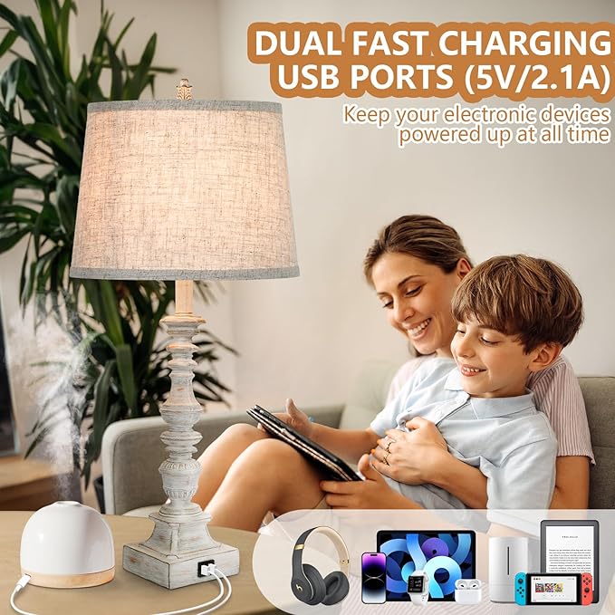 Set of 2 Farmhouse Table Lamps, 27.5'' Tall Rustic Bedside Lamps with 2 USB Ports, Beige Fabric Shade Nightstand Lamp, White Resin Desk Lamp with Rotary Switch for Living Room, Bedroom, Office