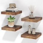 Square Floating Shelves for Wall, 8"W x 8"D x 1.2"H, Small Wooden Wall Mounted Display Shelves with Invisible Brackets for Living Room, Bedroom, Bathroom, Kitchen Decor, Set of 4, Rustic Brown