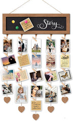 Picture Frames Collage Display Board with 30 Clips - Multi Photos Cards Organizer with Adjustable Twines and Magnetic Blackboard - DIY Wall Decor Hanging Picture Holder 15.7x5 Inches