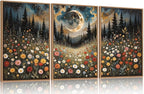 HPINUB Wildflower Moon Pine Tree Framed Canvas Wall Art Set,Nature Forest Wall Decor,Mystical Starry Night Artwork Rustic Mountain Landscape Art Print for Living Room,Bedroom,Office-24 x36 x3