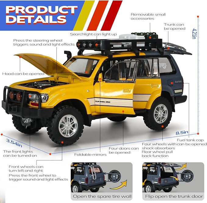 Toy Cars for Boys Diecast Cars 1 24 Scale Compatible with Land Cruiser LC80 Car Model Collectible,Pull Back Toy Car with Lights and Sounds,Toy Cars for Boys Age 4-7（Yellow）