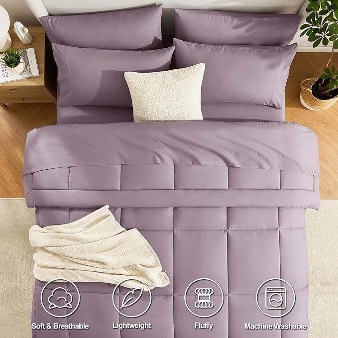 CozyLux Queen Size Comforter Set Dusty Purple - 7 Pieces Bed in a Bag Dusty PurpleComforter Queen Size, Bedding Set with All Season Quilted Comforter, Flat Sheet, Fitted Sheet, Pillowcases