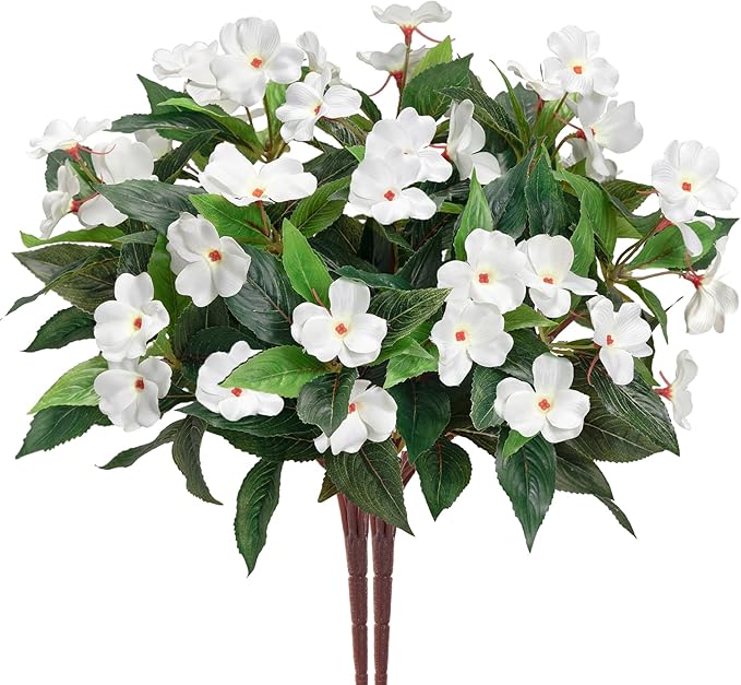 Artificial Impatiens Bouquet Flowers for Outdoors Silk Faux Flowers for Outdoor Impatiens Plants Decor Indoor Planters Kitchen Planters and Balcony Decorations 2PCS (White)