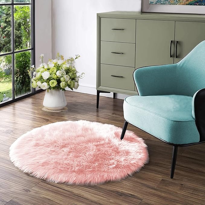 Latepis Round Pink Faux Sheepskin Fur Rug Circle Rugs 4ft Soft Fluffy Rugs for Bedroom Girls Living Room Rug for Dorm Floor Luxury Home Decor