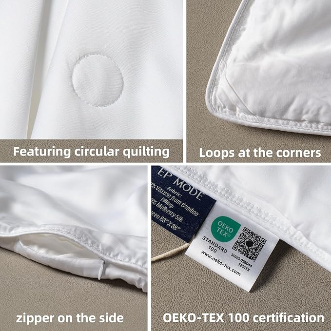 EP Mode Mulberry Silk Filled Quilt with 100% Viscose from Bamboo Fabric, Natural Lightweighted Cooling Comforter (Light Grey, Queen 88” X 88”)