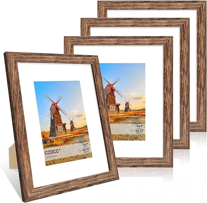 8x10 Picture Frame Set of 4, 8 x 10 Wood Photo Frames with Mat for 5x7, Natural Wooden Frame with Real Glass Cover for Wall and Tabletop Display,Rustic Brown