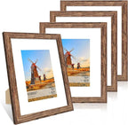 8x10 Picture Frame Set of 4, 8 x 10 Wood Photo Frames with Mat for 5x7, Natural Wooden Frame with Real Glass Cover for Wall and Tabletop Display,Rustic Brown