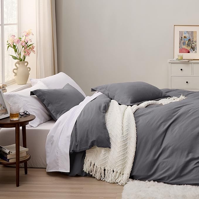 Bedsure Dark Grey California King Duvet Cover - Prewashed Cotton-Like Extra Soft Bedding Set, Includes 1 Cal King Duvet Cover 104x98 Inches with Zipper Closure & 2 Pillow Shams, Comforter Not Included