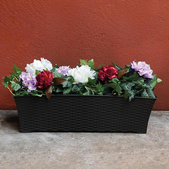 Elly Décor Set of 2 18x8 Rectangular Modern, Resistant and Self Watering Planter with Rattan-Like Finish, 18", Gray
