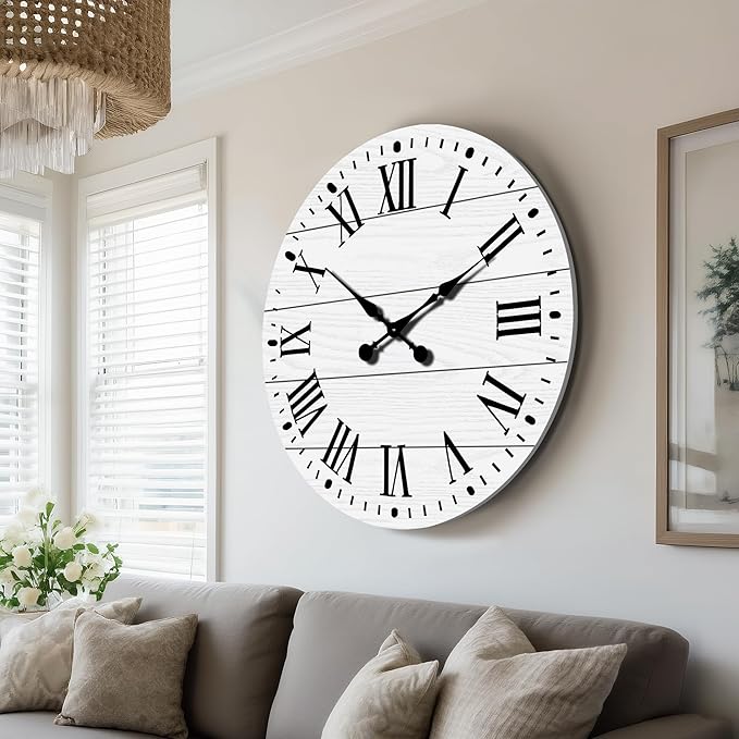 Large Wall Clock with Roman Numeral, 35” Shiplap Wall Clock Farmhouse Nearly Non-Ticking, Round Clock for Living Room Decor, Office, Bedroom, Entrance, White