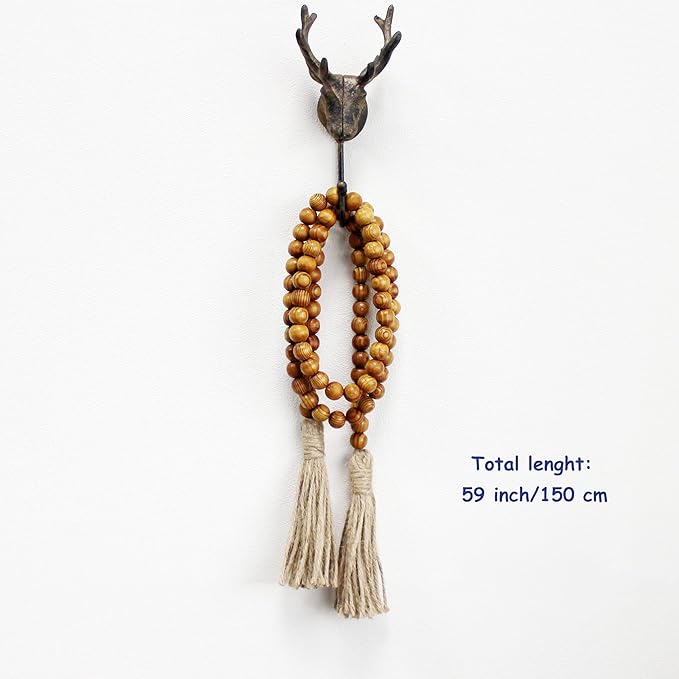 CVHOMEDECO. Wood Grain Beads Garland with Tassels Farmhouse Rustic Wooden Prayer Bead String Wall Hanging Accent for Home Festival Decor. Tan