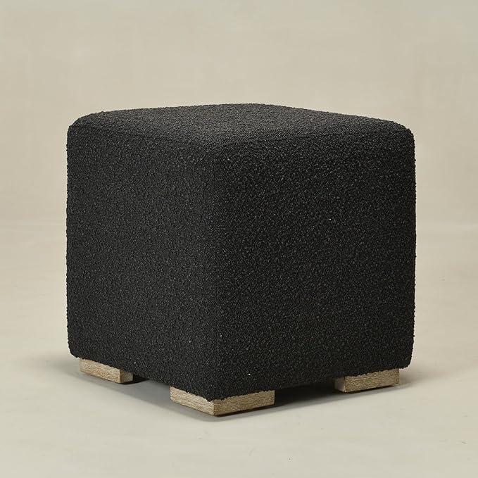 KINWELL 18.5" Wide Modern Square Boucle Upholstered Ottoman with Solid Wood Legs, Cube Ottoman Multi-Functional Sofa Footrest, Extra Seating for Living Room, Bedroom, Fully Assembled (Black)