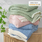 Snuggle Sac Sage Green Waffle Bedding Blankets Queen Size 90x90 inches, Reversible Microfiber Fluffy Fuzzy Soft Throw Cozy Knit Blanket for Women Mothers Birthday Gifts