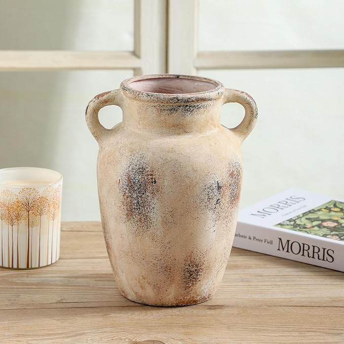 Farmhouse Ceramic Vase with Handle,9.7 inch Handcrafted Vintage Terracotta Pottery Vases for Shelf Decor, Coffee Table Styling, or Bedroom Accent