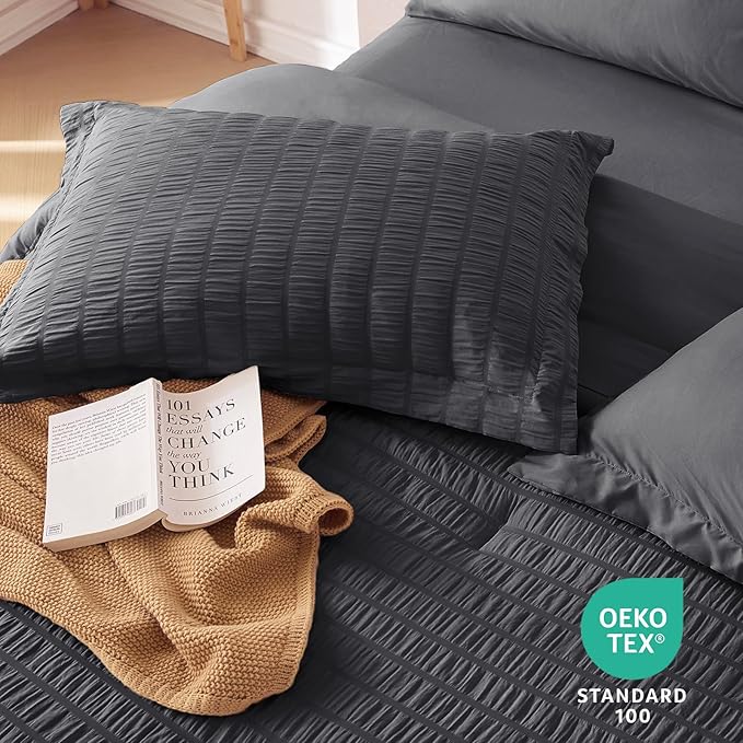 MUXHOMO 7 Pieces Full Comforter Set, Seersucker Bed in a Bag Full Size, All Season Luxury Bedding Set with Comforter, Flat Sheet, Fitted Sheet, Pillowcases & Shams, Dark Grey