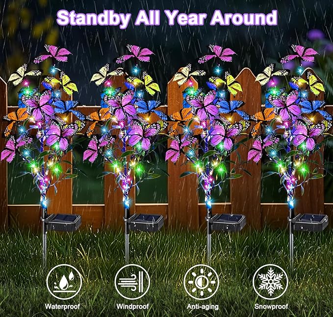 Solar Garden Lights Outdoor Waterproof Garden Decor, 4 Pack Upgraded 240 LED 54 Butterfly Colorful Outdoor Solar Decor for Yard Patio Gifts for Womens Mom (4 Pack Butterfly)