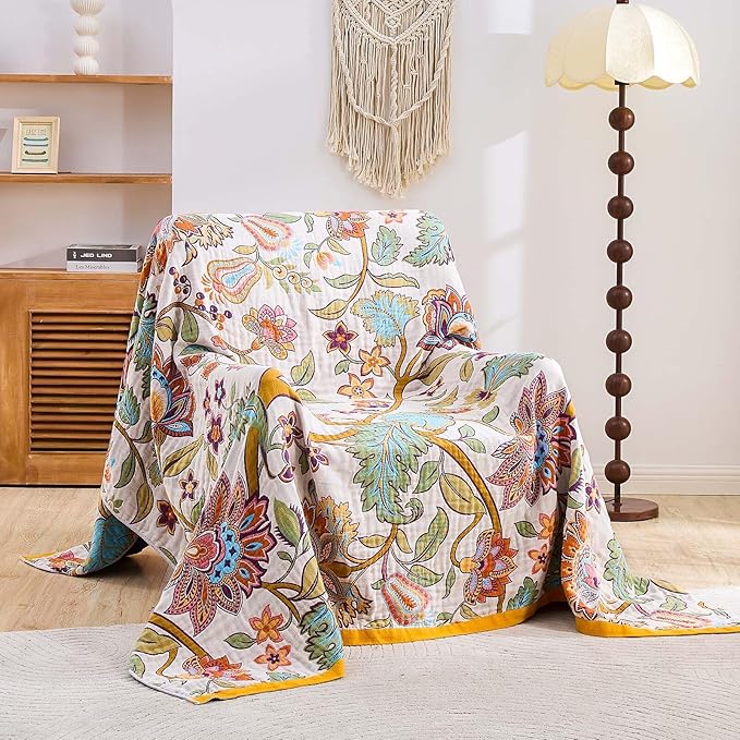 Boho Throw Blanket for Bed, 100% Cotton Soft Rustic Quilt Fall Blanket, 80"x90" Floral Printed Farmhouse Decor Bed Blankets, All Season Rustic Reversible Bohemian Throw Quilt