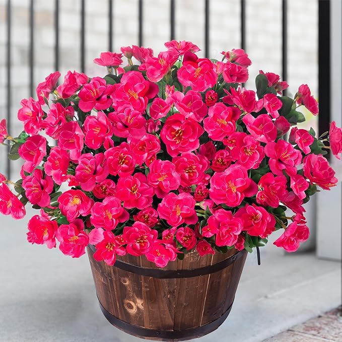 Ivydale Artificial Fake Camellia Flowers Plants for Outdoor Outside Fall Decoration, Faux Silk Hotpink Camellias UV Resistant Look Real for Planter Porch Patio Garden Yard, 3 Large Bundles