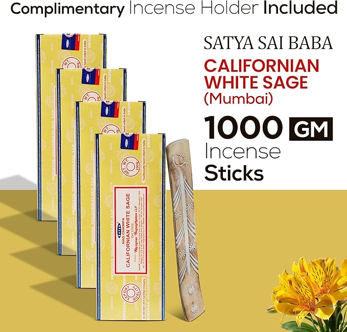 Satya Californian White SageIncense Sticks 250 gmx 4 Pack (1000 GMS), Insenses with Raajsee Incense Holder Bundle, Nag Champa Natural Incense