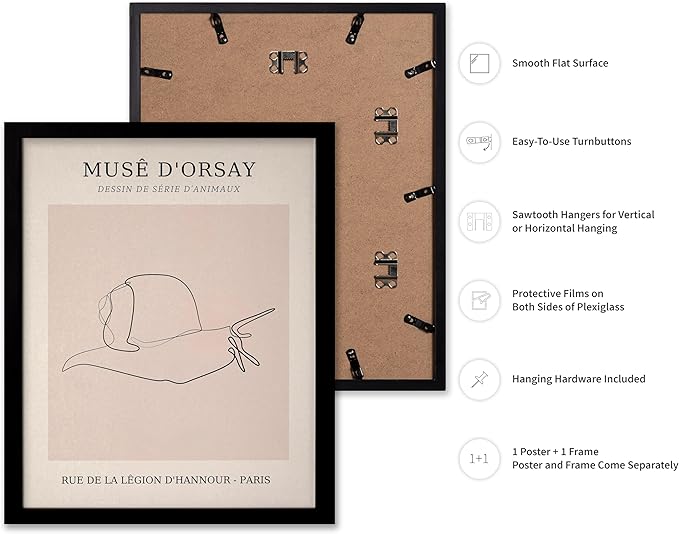 Poster Master Vintage Poster - Retro One Line Snail Drawing Print - Snail Line Art - Minimal Gift for Men, Women, Animal Lover - Abstract Wall Decor for Home, Office, 11x14 Black Framed