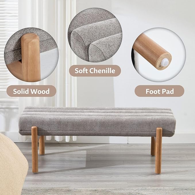 Upholstered Bench Grey Modern End of Bed Bench Chenille Fabric Bedroom Bench for Entryway Living Room Vanity Makeup Room, 47" Long, Wooden Legs