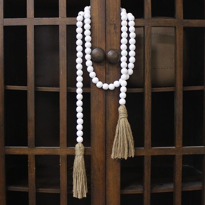 CVHOMEDECO. Wood Beads Garland with Tassels Farmhouse Rustic Wooden Prayer Bead String Wall Hanging Accent for Home Festival Decor. White
