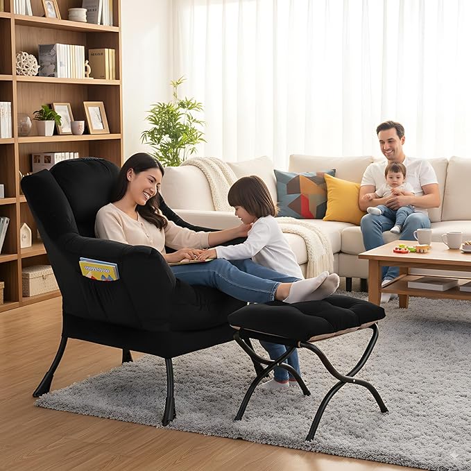 Lazy Chair and Ottoman, Large Accent Lounge Chair with Armrests and a Side Pocket, Modern Leisure Upholstered Sofa Reading Armchair with Footrest for Bedroom, Living Room, Dorm Rooms, Office