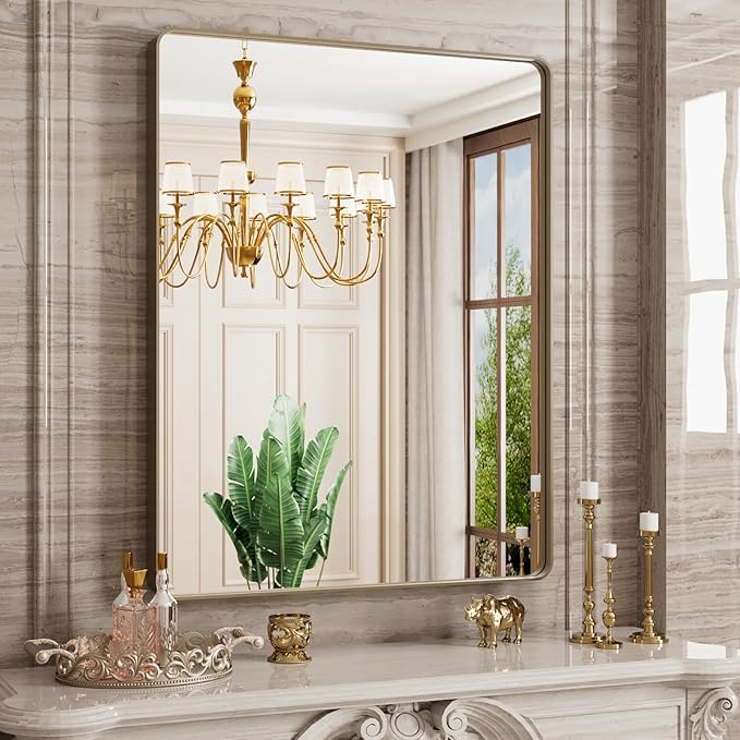 Bronze Bathroom Mirror 28x36 Inch, Brushed Bronze Metal Frame Mirror for Wall, Rounded Rectangle Bathroom Vanity Mirror with Tempered Glass, Anti-Rust, Horizontal/Vertical