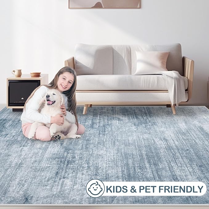 Area Rugs 5x7 Living Room: Washable Rug Modern Abstract Large Rugs Soft Non Slip Neutral Rug Stain Resistant Indoor Carpet for Bedroom Kitchen Dining Room Table Nursery Home Office Rugs(Blue,5'x7')