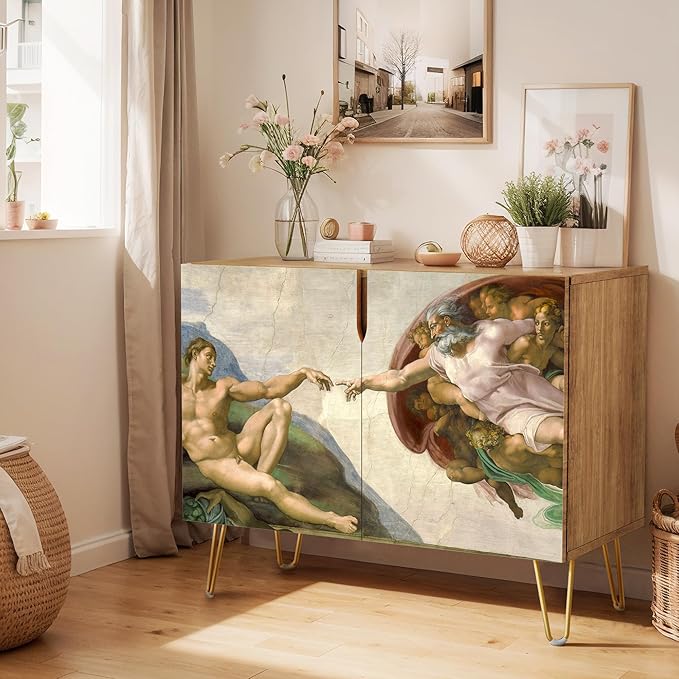 SIGNWIN Sideboard Buffet Cabinet, Kitchen Storage Cabinet with 2 Doors, The Creation of Adam by Michelangelo Vintage, Cupboard Console Table for Dining Room - 35" L x 18" W x 29" H