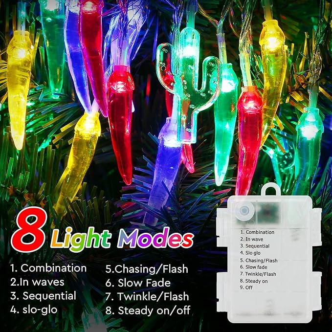 21FT [ 8 Modes & Timer ] Chili Pepper String Lights 40LED Fairy Lights Battery Operated for Indoor Outdoor Garden Pool Birthday Mexican Party Wedding Christmas Summer Tropical Decor