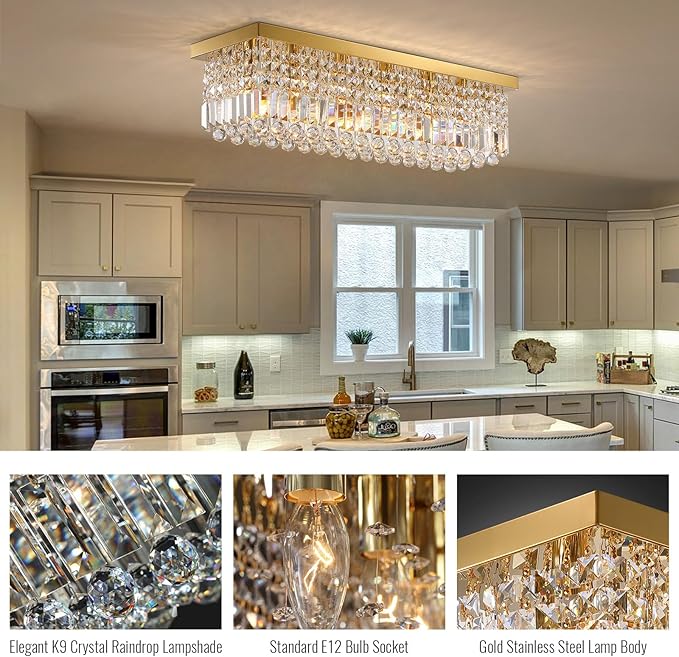 Siljoy Modern Crystal Chandelier 6-Lights Rectangle Flush Mount Pendant Ceiling Light Fixture Luxury Gold Rectangular K9 Crystal Raindrop Chandelier for Dining Living Room Kitchen Island Bar L31.5''