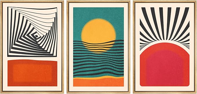 SIGNWIN Framed Canvas Print Wall Art Set Mid-Century Rising Sun & Color Blocks Abstract Geometric Illustrations Graffiti & Street Art Modern Art for Living Room, Bedroom, Office - 24"x36"x3 Natural