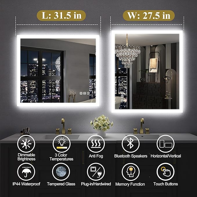 SBAGNO LED Bathroom Mirror with Lights, 32''x28'' 3D Border Bathroom Vanity Wall Mirror with Bluetooth, Anti-Fog, Stepless Dimming, 3 Colors, Tempered Glass Lighted Vanity Mirror for Bathroom