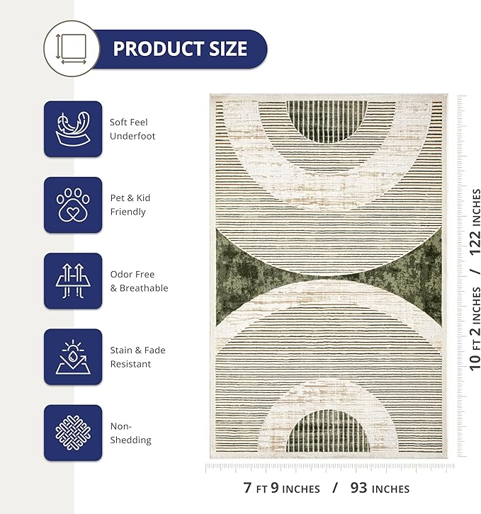 Abani Mid-Century Green Arch Washable Area Rug – 8' x 10' – Modern Geometric Design – Ivy Collection – Non-Shedding, Easy to Clean – Durable for High Traffic Areas – Living Room, Bedroom & Office