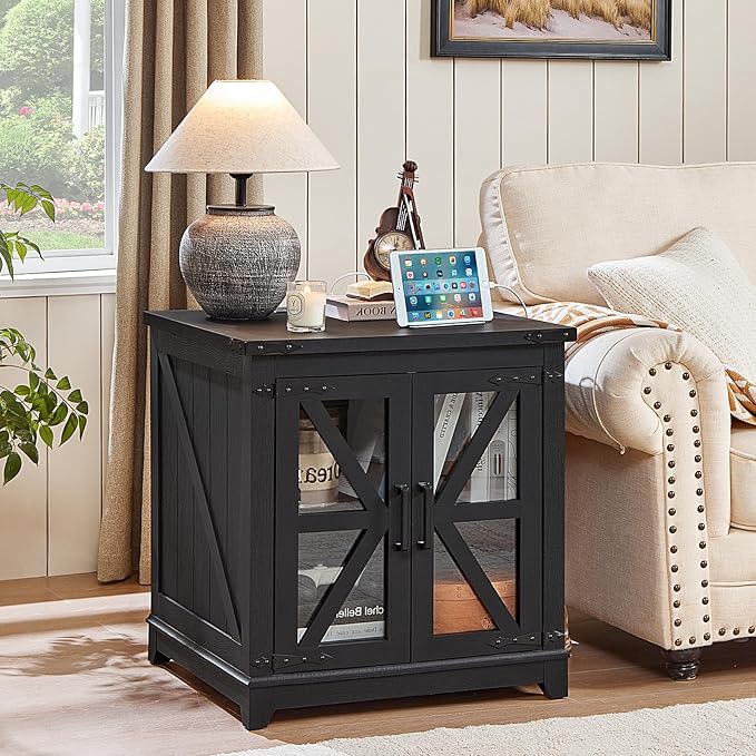 Farmhouse End Table with Charging Station, 24" Large Sofa Side Table with Glass Barn Door,Black Nightstand with Adjustable Storage Shelf,Wood Square Bedside Table for Living Room,Bedroom