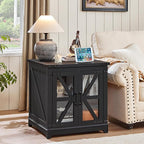 Farmhouse End Table with Charging Station Set 2, 24" Large Sofa Side Table with Glass Barn Door, Nightstand with Adjustable Storage Shelf,Wood Square Bedside Table for Living Room,Bedroom