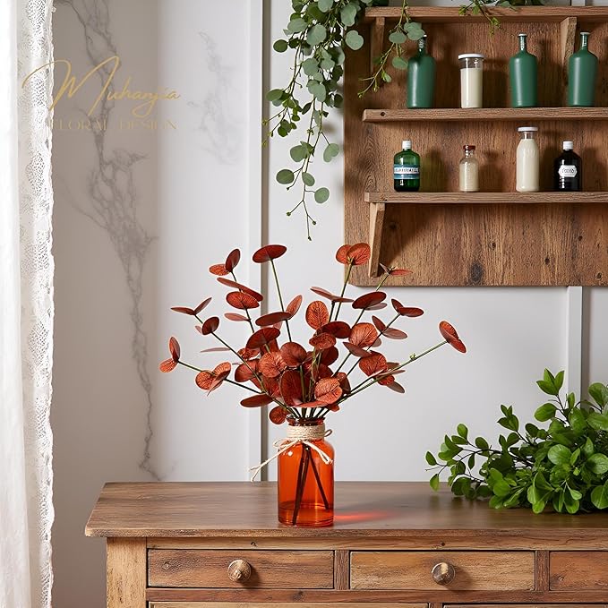 Artificial Eucalyptus Stems in Amber Glass Vase with Faux Water,3Pcs Fake Plant with Double-Sided Terracotta Leaves for Centerpiece (Double-Sided Terracotta Eucalyptus)