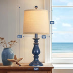 QiMH Farmhouse Table Lamp Set of 2, Rustic Table Lamps for Living Room, Vintage Nightstand Lamp with Rotary Switch, Beside Lamps for Bedroom, Traditional Table Lamps with Linen Shade, Blue