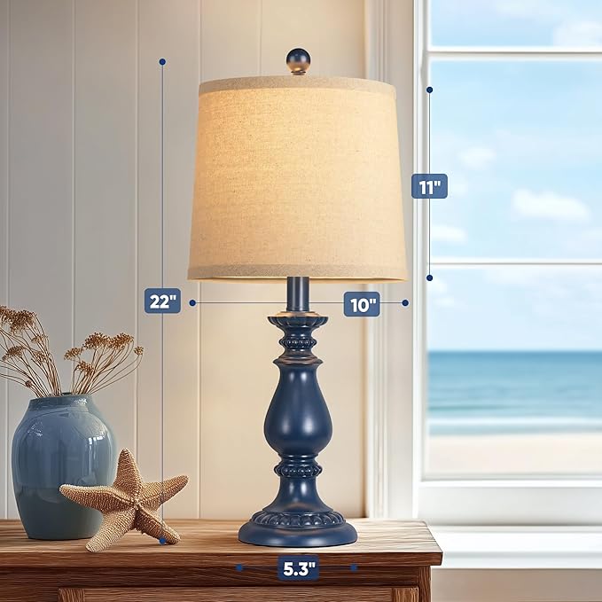 QiMH Farmhouse Table Lamp Set of 2, Rustic Table Lamps for Living Room, Vintage Nightstand Lamp with Rotary Switch, Beside Lamps for Bedroom, Traditional Table Lamps with Linen Shade, Blue